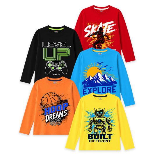 Kuchipoo Boys Cotton Printed T-Shirts | Full Sleeve Round Neck | Soft & Comfortable Casual Wear for Kids | Pack of 5