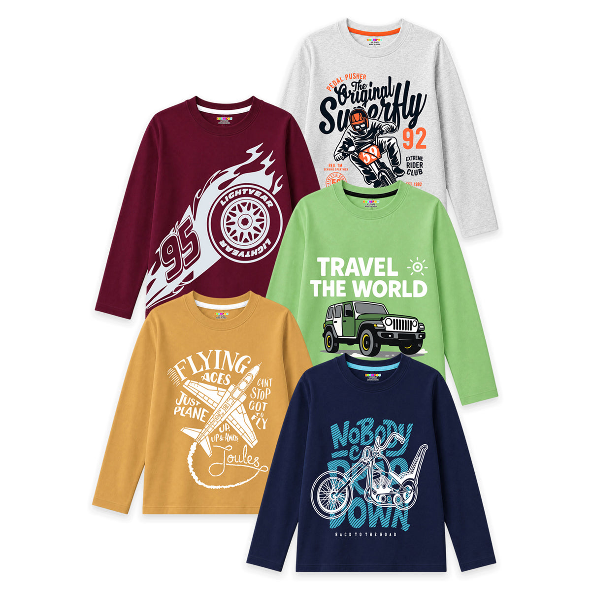 Kuchipoo Boys Cotton Printed T-Shirts | Full Sleeve Round Neck | Soft & Comfortable Casual Wear for Kids | Pack of 5