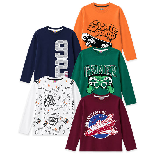 Kuchipoo Boys Cotton Printed T-Shirts | Full Sleeve Round Neck | Soft & Comfortable Casual Wear for Kids | Pack of 5
