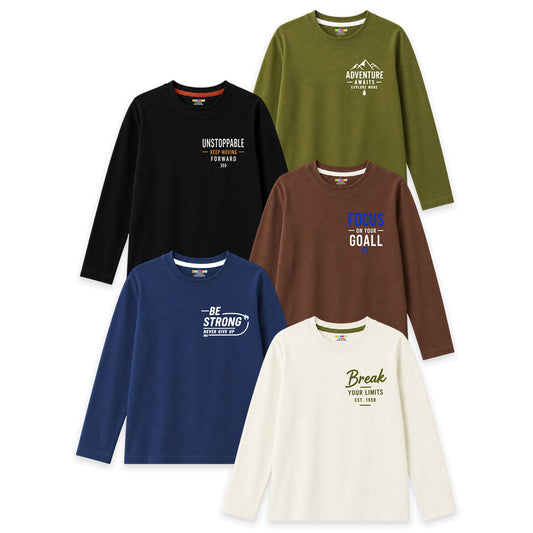 Kuchipoo Boys Cotton Printed T-Shirts | Full Sleeve Round Neck | Soft & Comfortable Casual Wear for Kids | Pack of 5