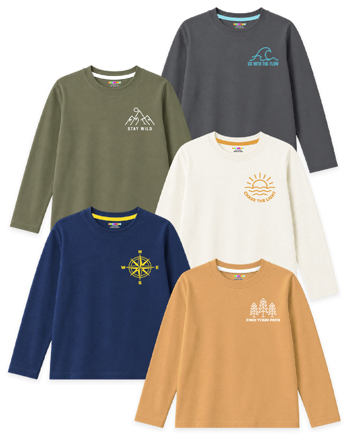 Kuchipoo Boys Cotton Printed T-Shirts | Full Sleeve Round Neck | Soft & Comfortable Casual Wear for Kids | Pack of 5