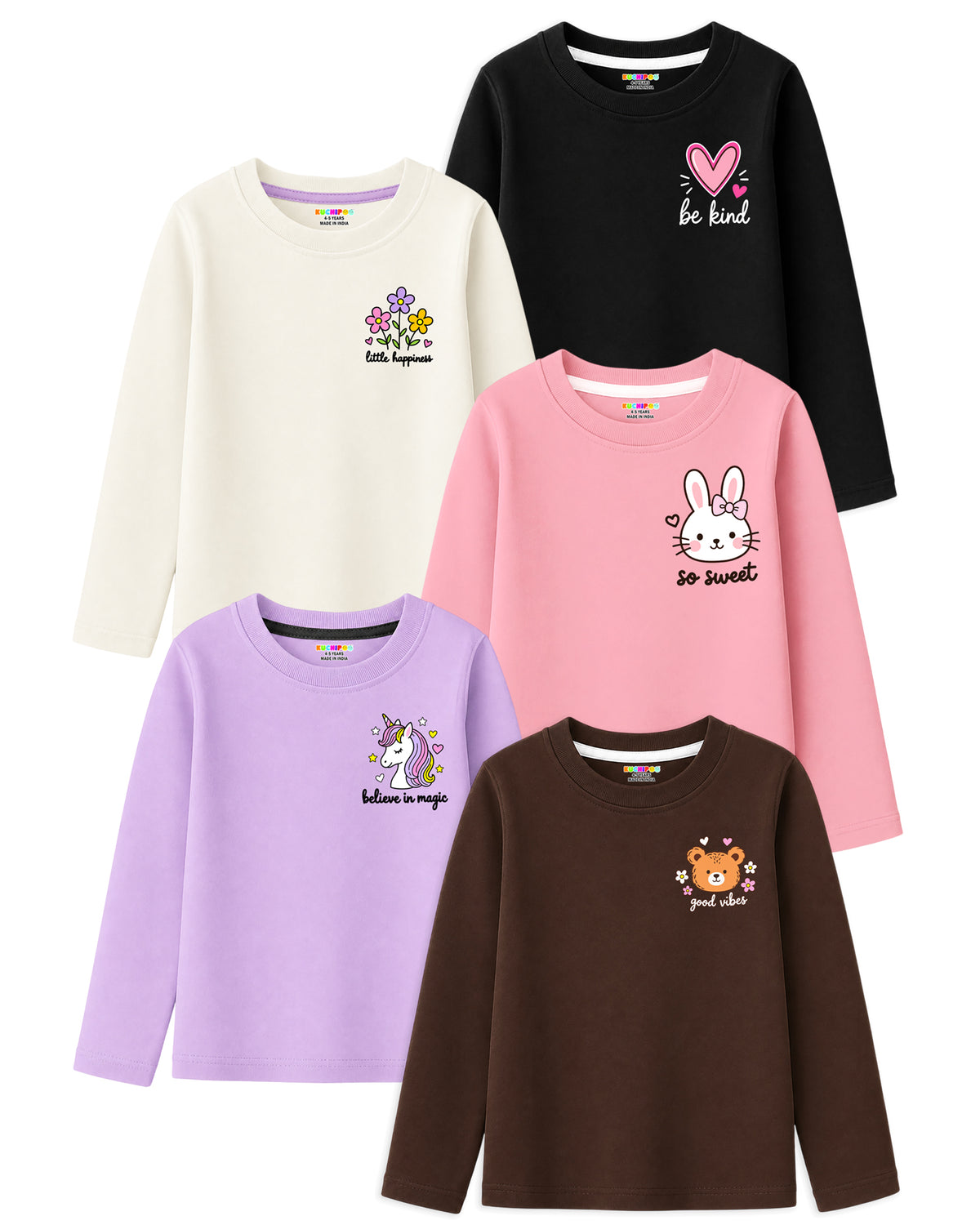 Kuchipoo Girls Cotton Printed T-Shirts | Full Sleeve Round Neck | Soft & Comfortable Casual Wear for Kids | Pack of 5