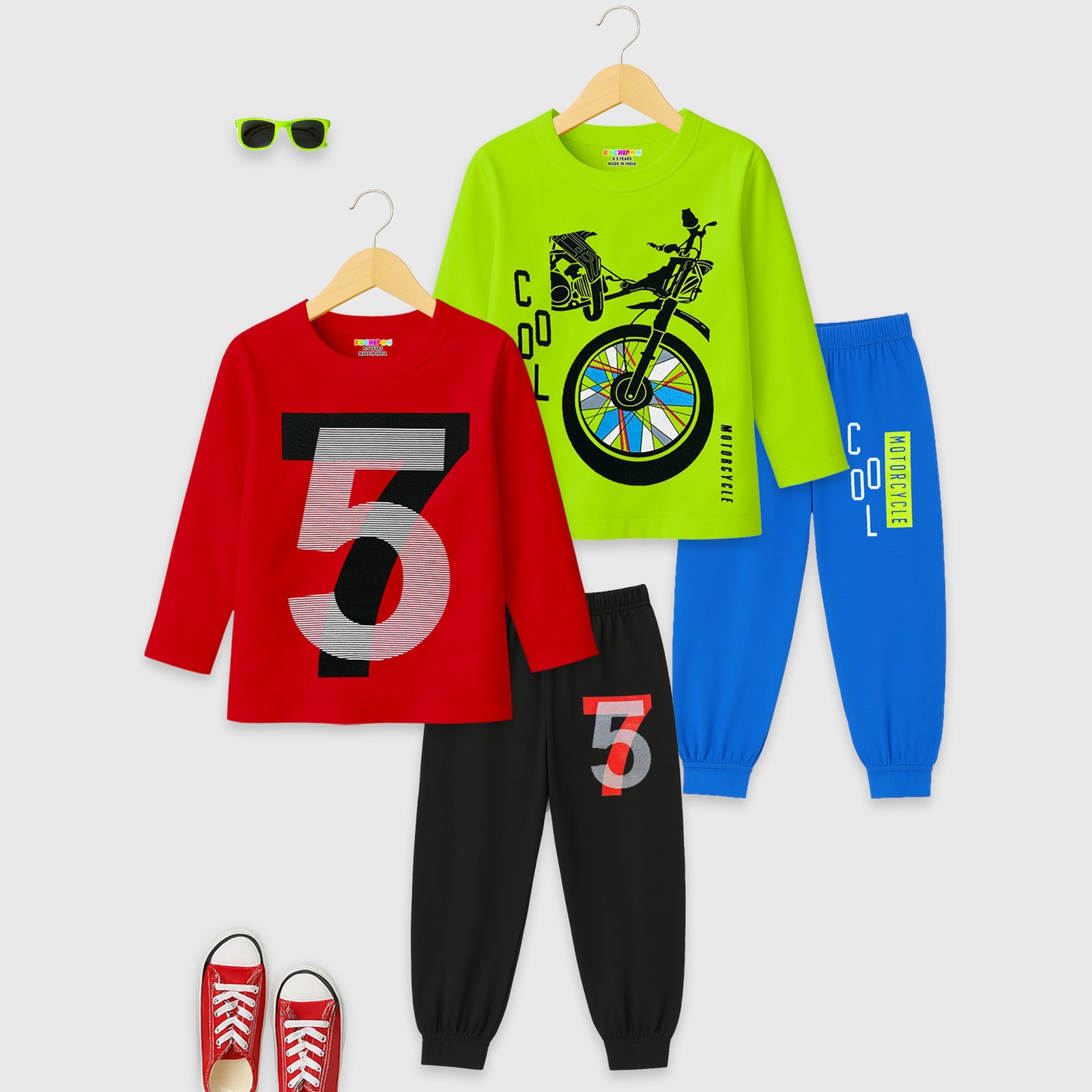 Kuchipoo Boys Full Sleeves T-Shirt and Pajamas Set-Pack 0f 2