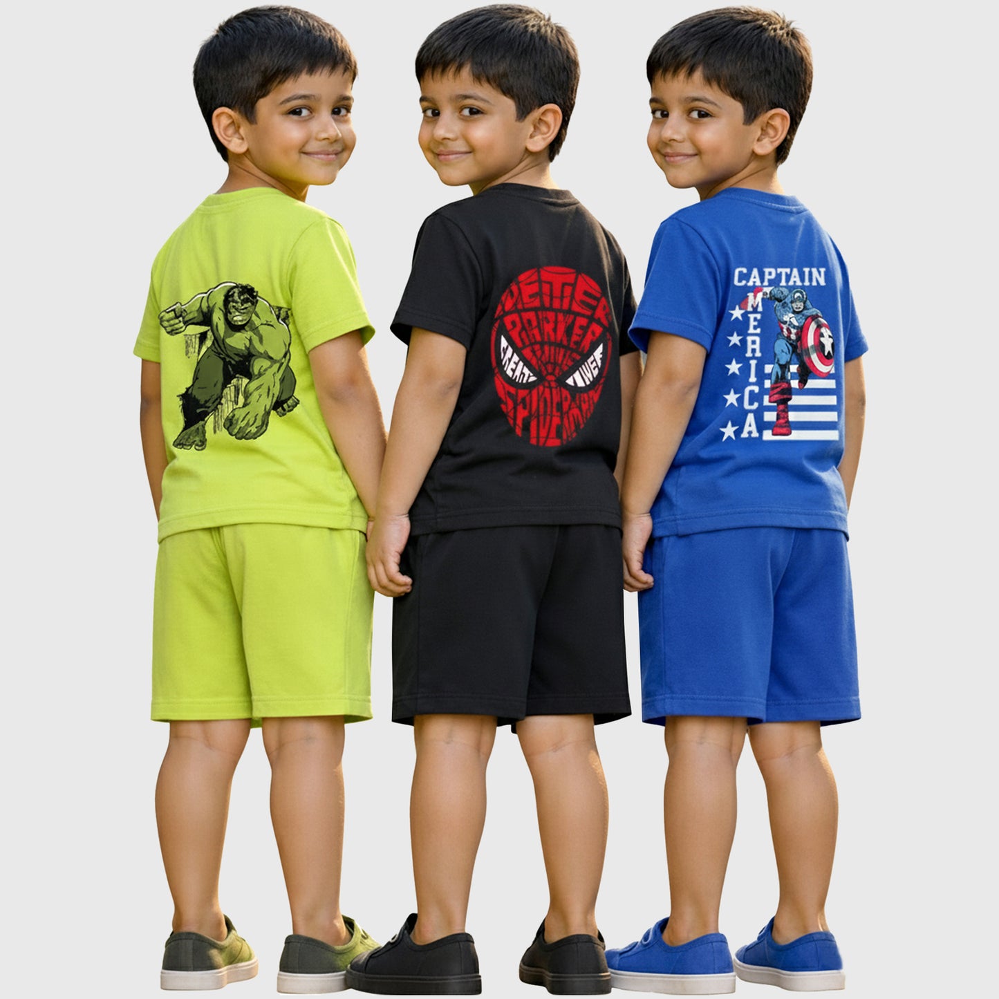 Kuchipoo © Marvel Boys Superhero Printed T-Shirt & Shorts Set | Hulk, Spiderman & Captain America Back Print | Cotton Summer Co-Ord Set | Pack of 3