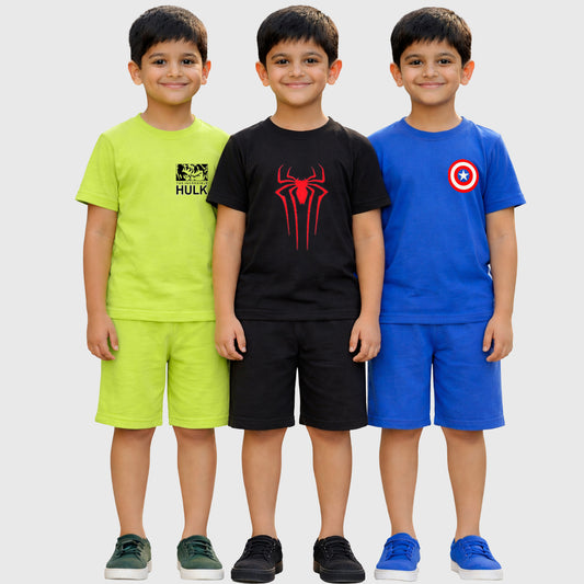 Kuchipoo © Marvel Boys Superhero Printed T-Shirt & Shorts Set | Hulk, Spiderman & Captain America Back Print | Cotton Summer Co-Ord Set | Pack of 3