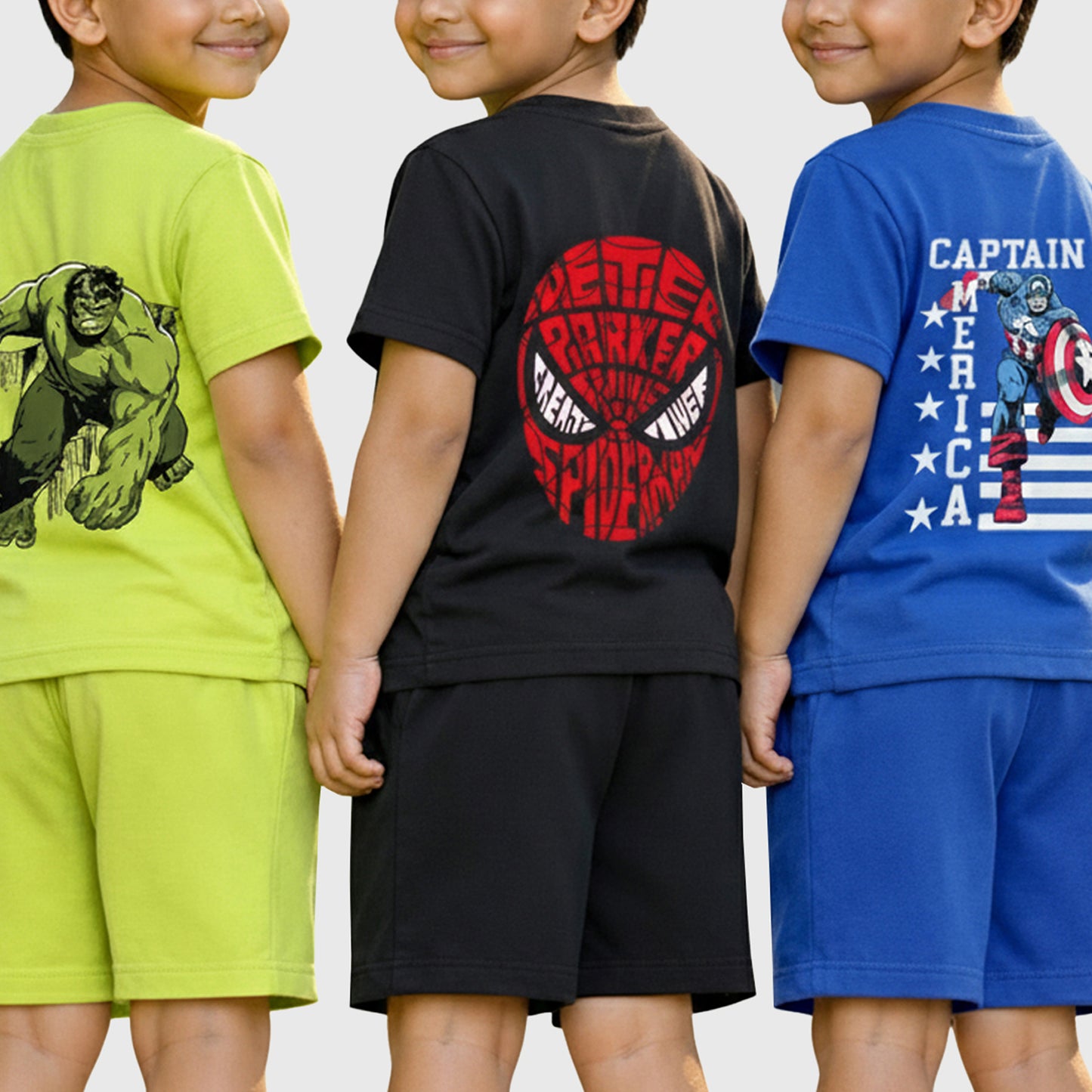 Kuchipoo © Marvel Boys Superhero Printed T-Shirt & Shorts Set | Hulk, Spiderman & Captain America Back Print | Cotton Summer Co-Ord Set | Pack of 3
