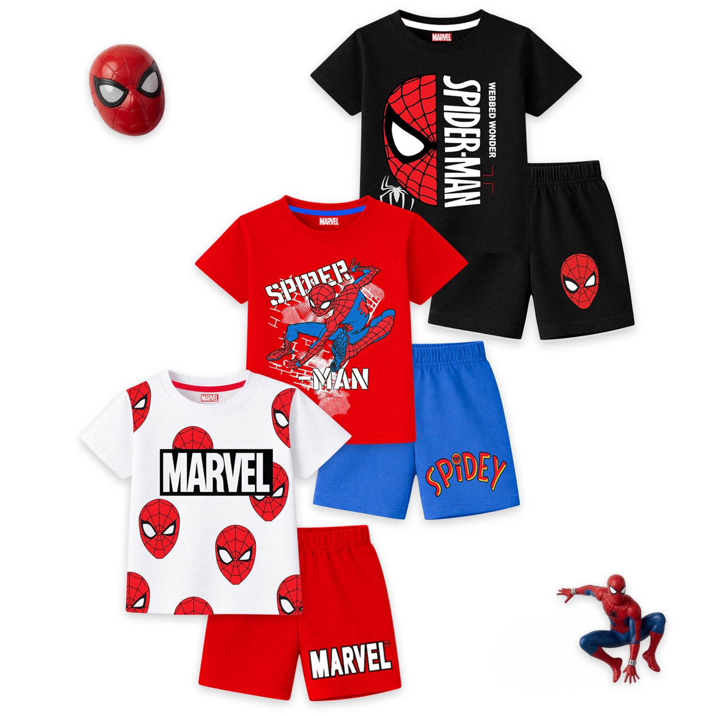 Kuchipoo © Marvel Boys Superhero Printed T-Shirt & Shorts Set | Avengers, Spiderman & Captain America Back Print | Cotton Summer Co-Ord Set | Pack of 3