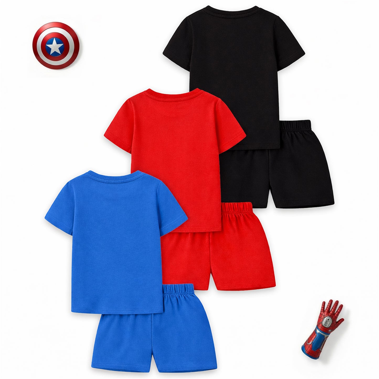 Kuchipoo © Marvel Boys Superhero Printed T-Shirt & Shorts Set | Avengers, Spiderman & Captain America Back Print | Cotton Summer Co-Ord Set | Pack of 3