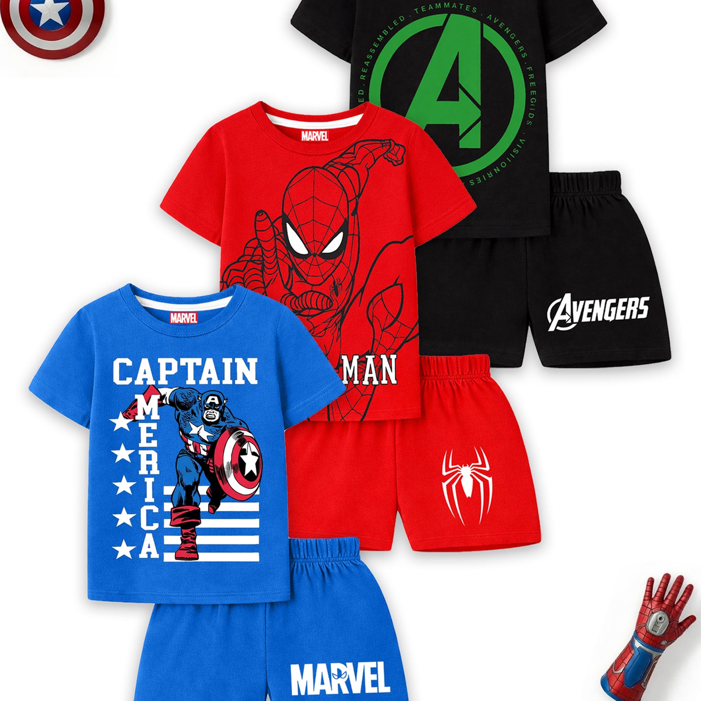 Kuchipoo © Marvel Boys Superhero Printed T-Shirt & Shorts Set | Avengers, Spiderman & Captain America Back Print | Cotton Summer Co-Ord Set | Pack of 3