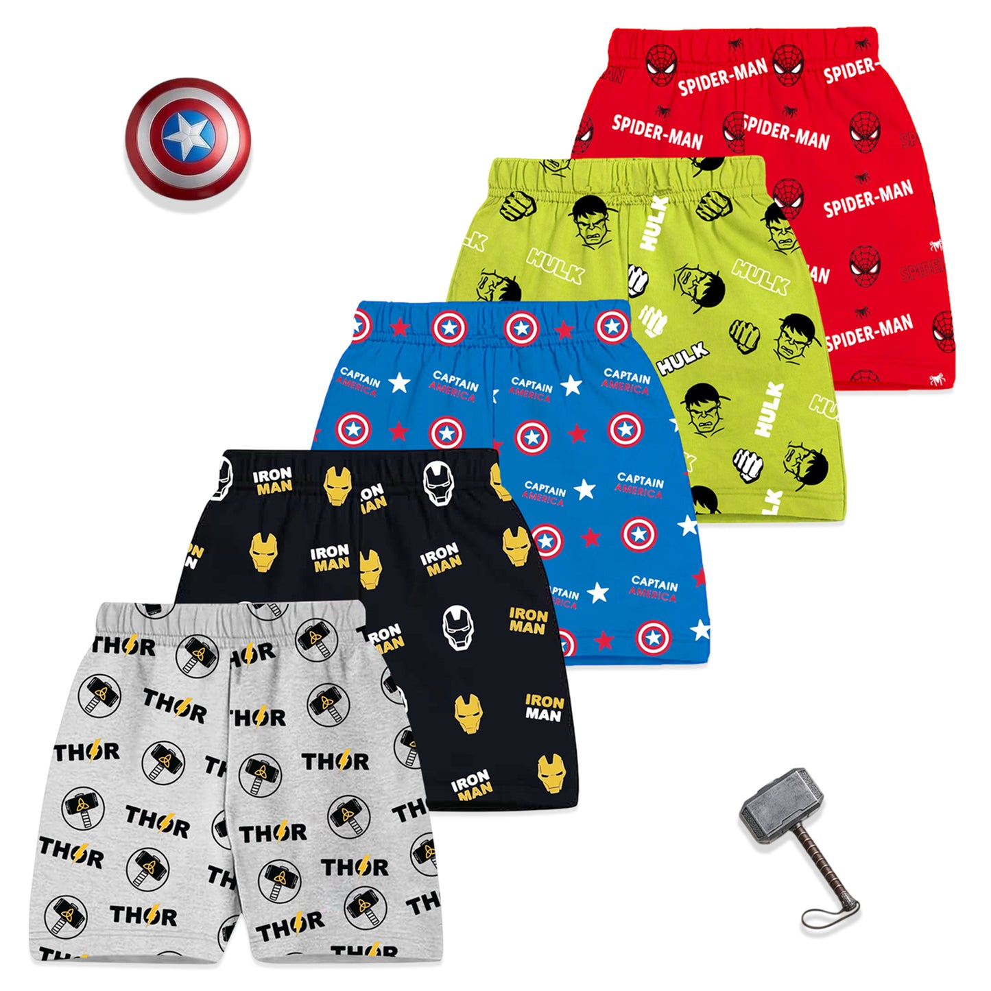 Kuchipoo © Marvel Boys Printed Cotton Shorts | Superheroes | Iron Man | Spider-Man | Hulk | Thor | Captain America | Pack of 5