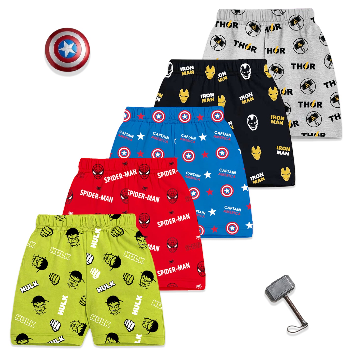 Kuchipoo © Marvel Boys Printed Cotton Shorts | Superheroes | Iron Man | Spider-Man | Hulk | Thor | Captain America | Pack of 5