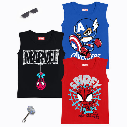Kuchipoo © Marvel Boys Sleeveless Cotton T-Shirts - Pack of 3