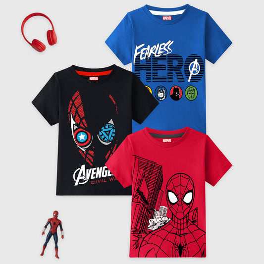 Kuchipoo © Marvel Boys Avengers & Spider-Man Printed Cotton T-Shirt Combo | Superheroes Graphic Cotton Tees | Casual Summer Wear | Pack of 3