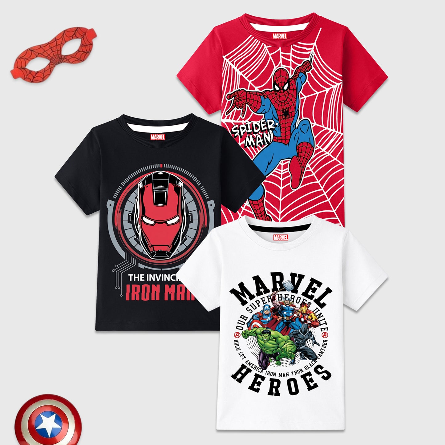 Kuchipoo © Marvel Boys Avengers & Spider-Man Printed Cotton T-Shirt Combo | Superheroes Graphic Cotton Tees | Casual Summer Wear | Pack of 3