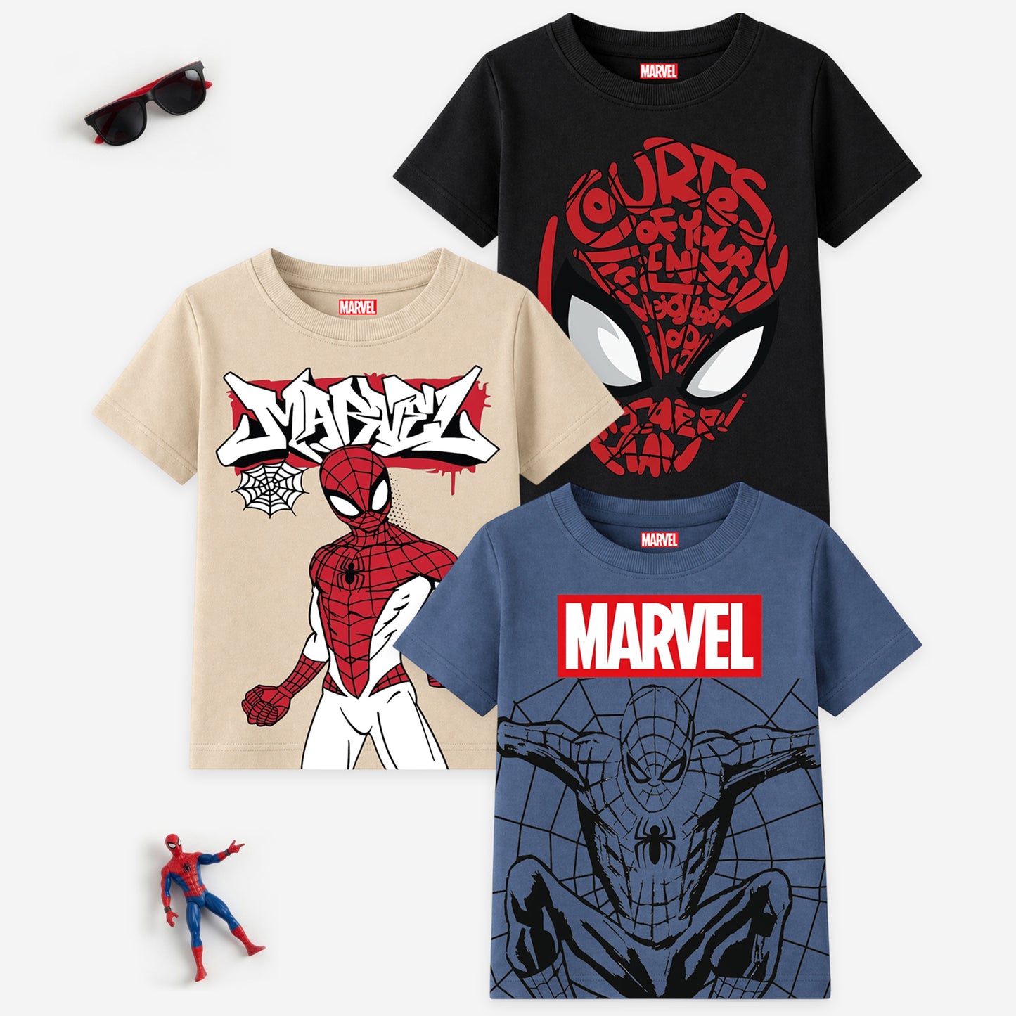 Kuchipoo © Marvel Boys Avengers & Spider-Man Printed Cotton T-Shirt Combo | Superheroes Graphic Cotton Tees | Casual Summer Wear | Pack of 3
