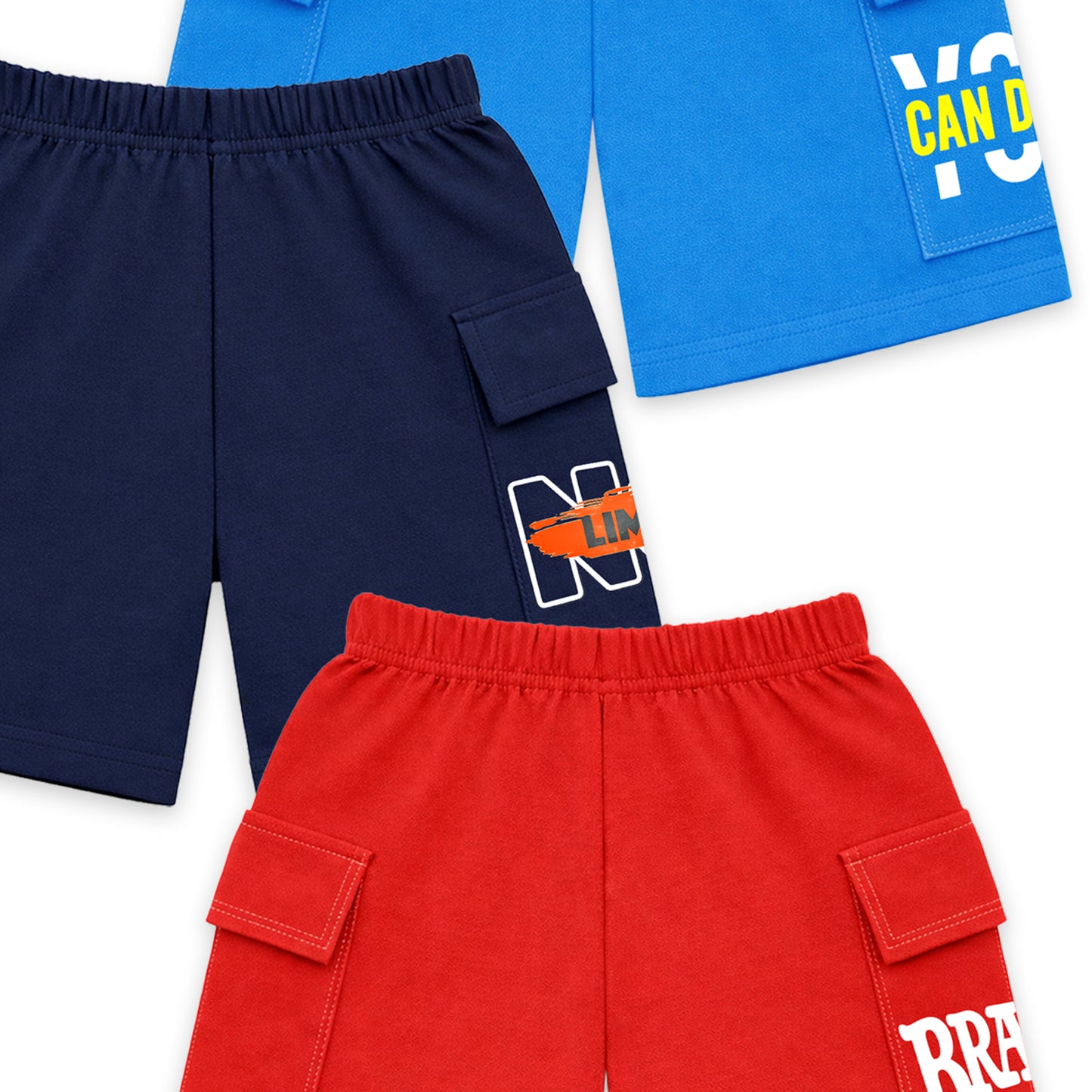 Kuchipoo Boys Cotton Cargo Shorts | Elastic Waistband | Double Pocket Shorts | Summer Casual Wear for Kids | Pack of 3