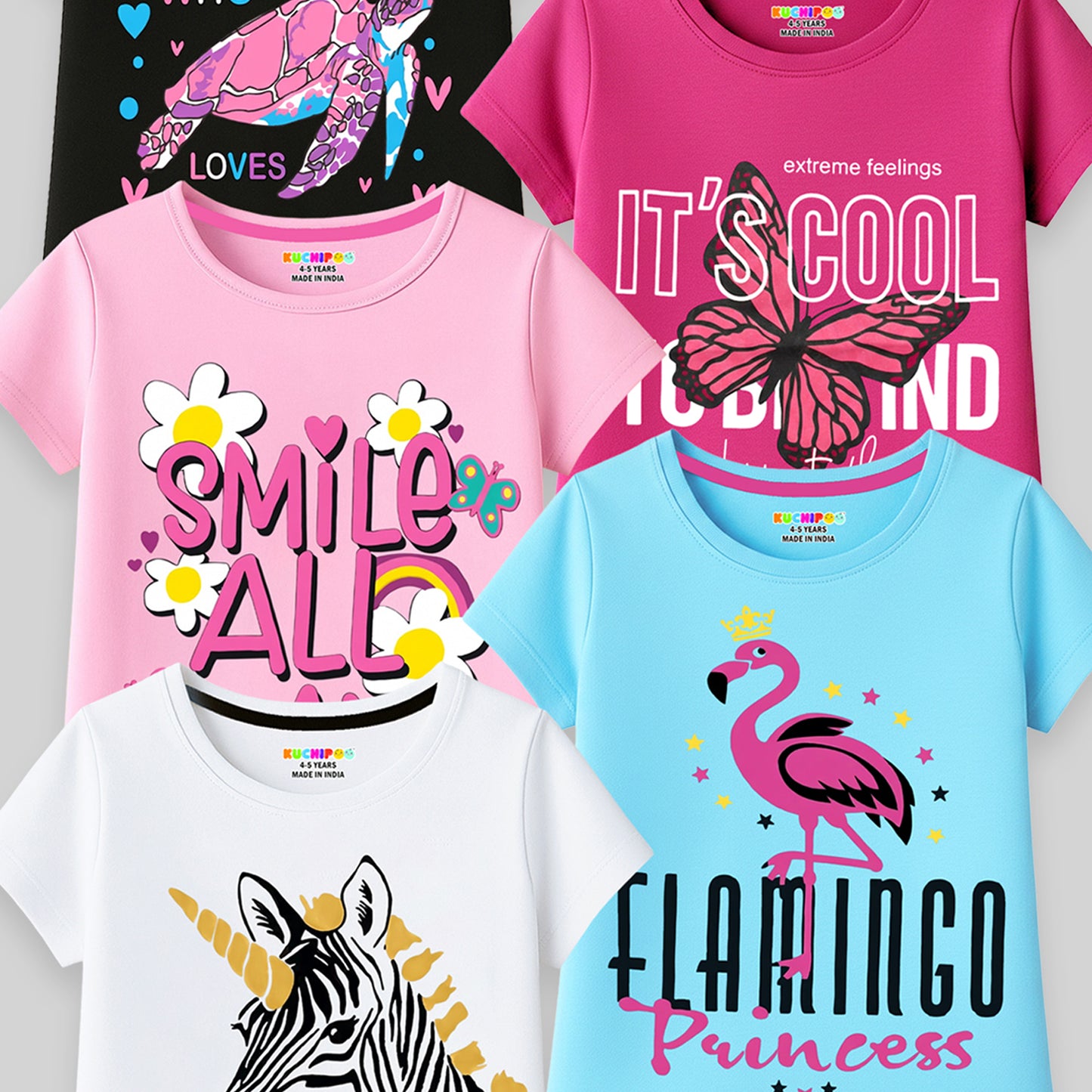 Kuchipoo Girls Regular Fit Cotton T-Shirt - Pack of 5